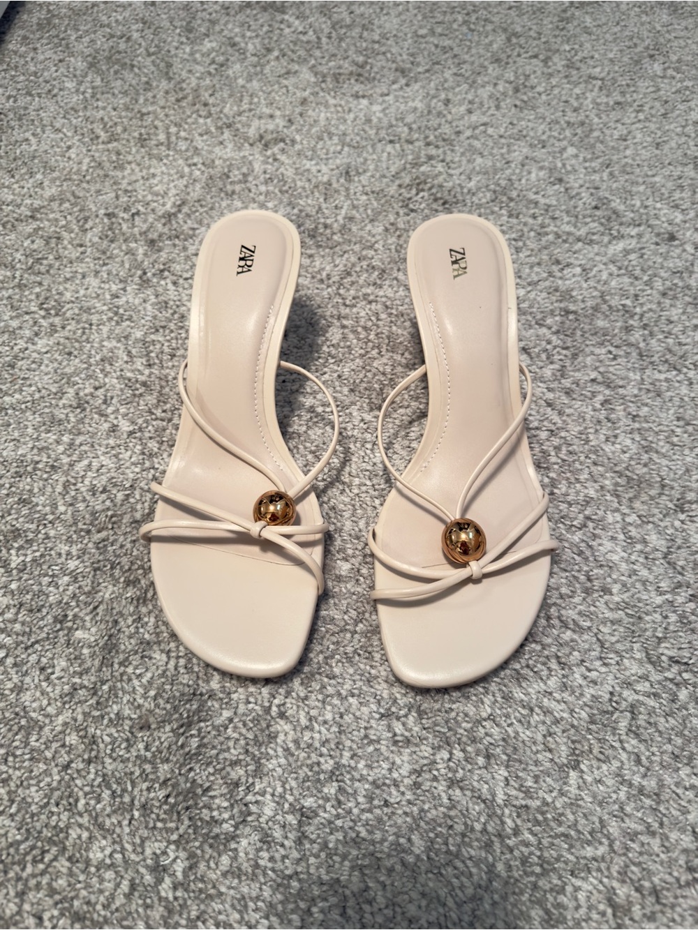 Zara Beige Strappy Slide Sandals with Gold Accent